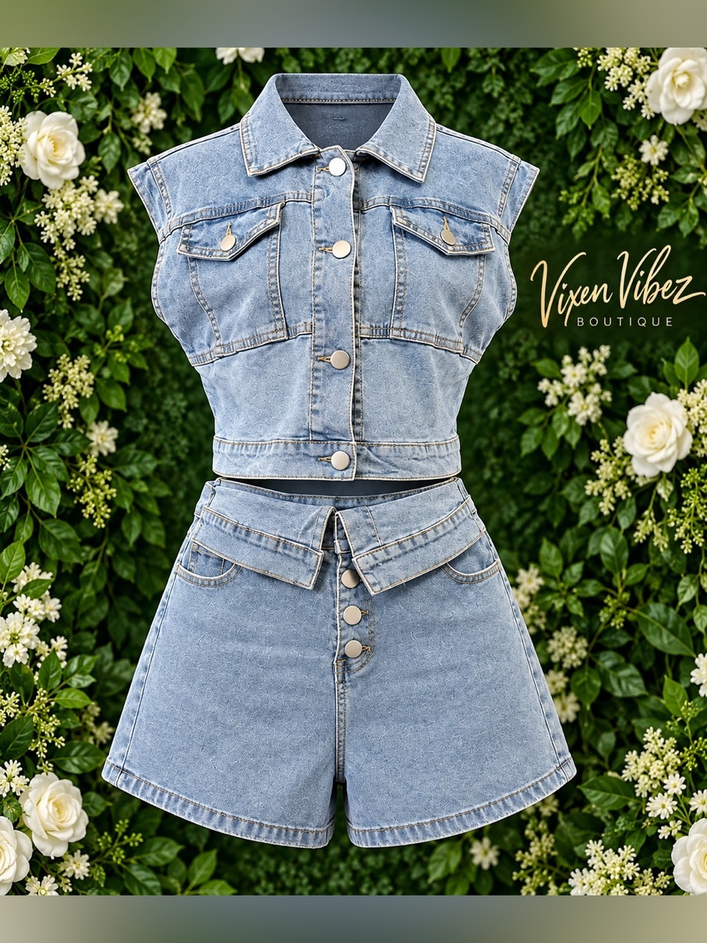 ✨ Denim Vest & High-Waisted Shorts 2-Piece Set | Boutique Statement Set
